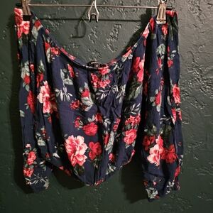 Floral Off-Shoulder Peasant Top - Navy with Red Roses